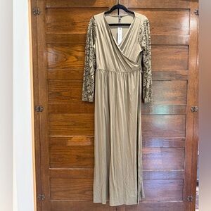 NWT Kranda Olive Army Green long sleeve lace wrap maxi dress new holiday outfit